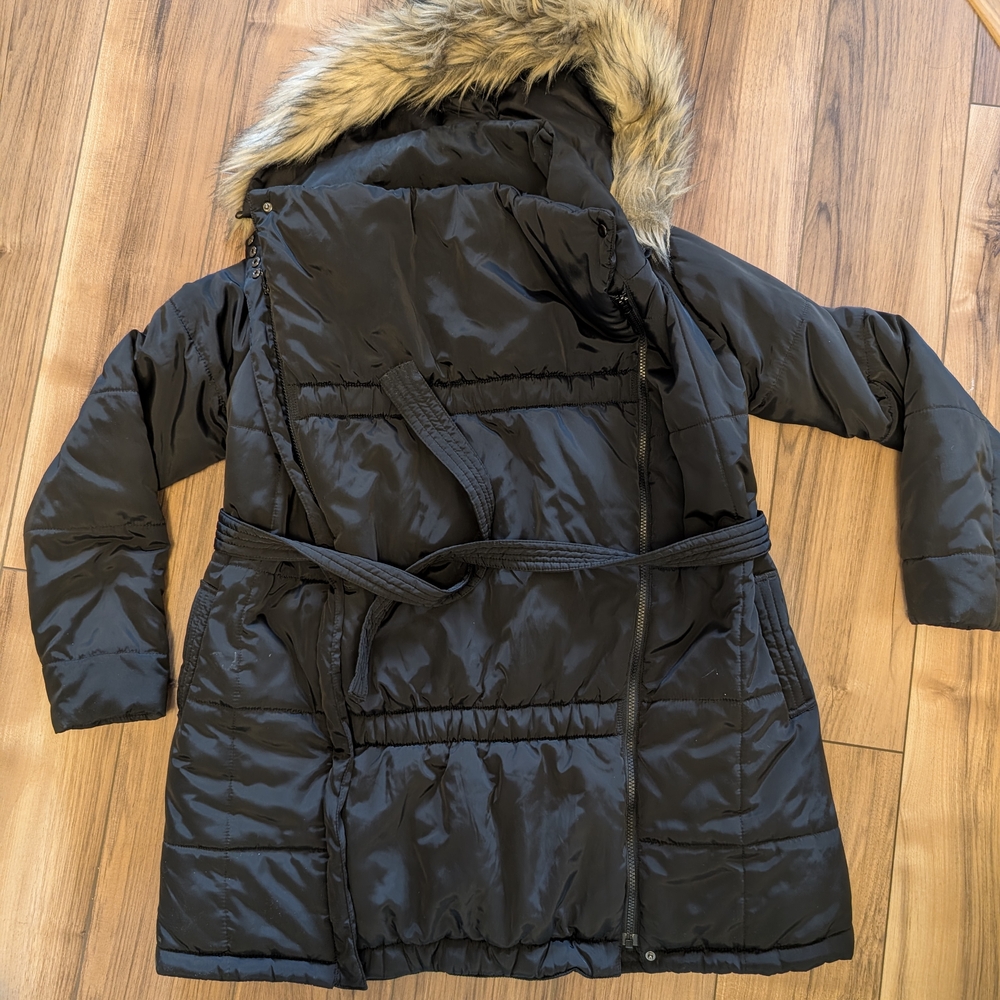 Maternity Black Puffer Coat with Faux Fur Hood